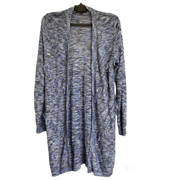 89th and Madison Cardigan Sweater Long Open Front Blue White Fringe Details - Picture 6 of 15